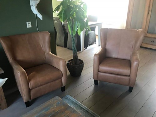 Set van 2 leren oorfauteuils met houten poten - bruin leer