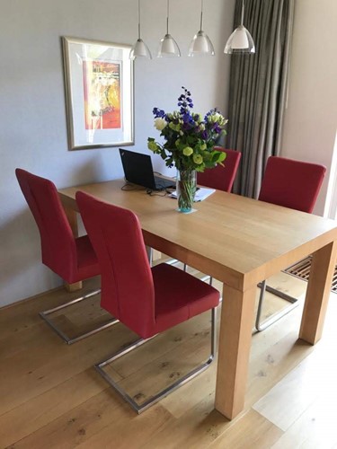 Set van 4 leren eetkamerstoelen - met sledepoot - rood leer