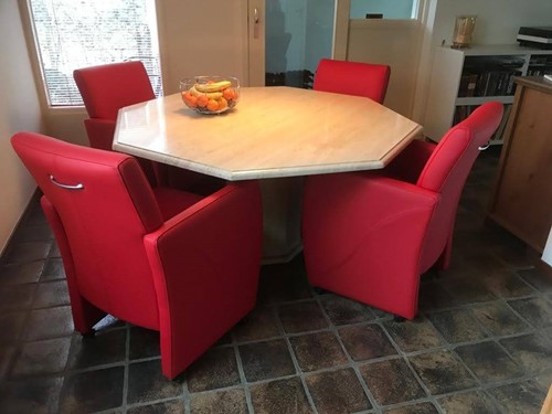Set van 4 leren eetkamerfauteuils - met armleuning en wieltjes - rood leer