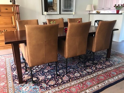 Set van 6 leren eetkamerstoelen - met wieltjes en hoge rug - bruin leer