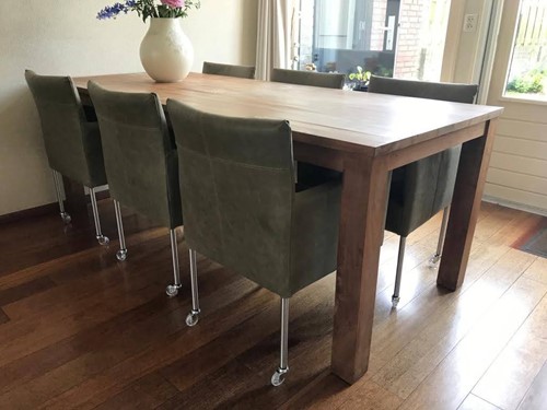 Set van 6 leren kuip eetkamerstoelen - met wieltjes - groen leer