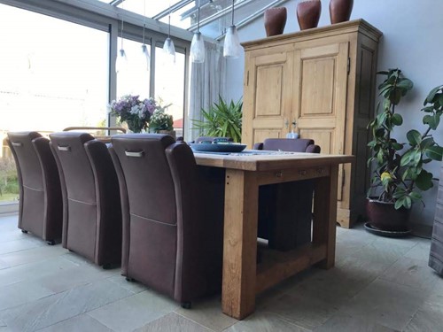 Set van 6 leren eetkamerfauteuils - met armleuning en wieltjes - bruin leer