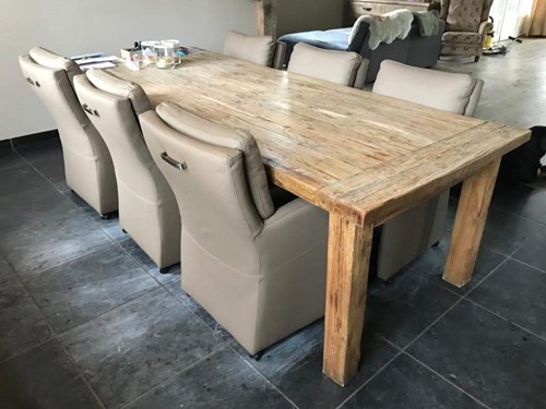 Set van 6 leren eetkamerfauteuils - met armleuning en wieltjes - bruin leer