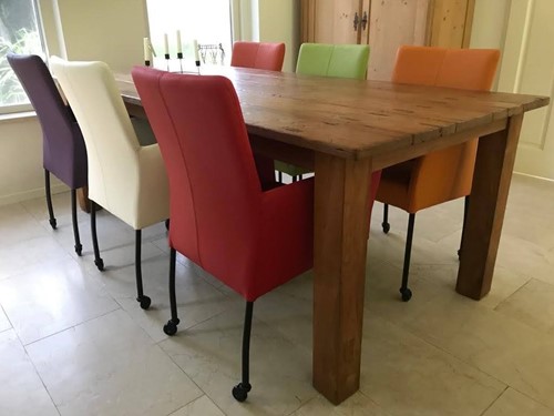 Set van 6 leren eetkamerstoelen met wieltjes en armleuning - diverse kleuren leer