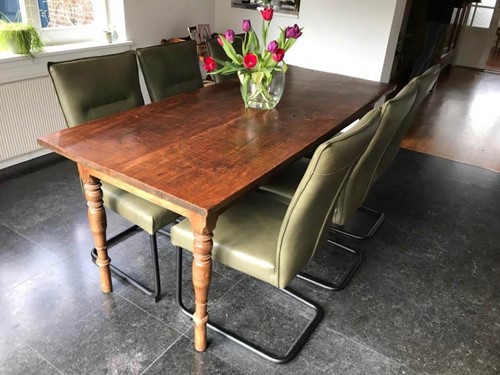 Set van 6 leren eetkamerstoelen - met sledepoot - groen leer