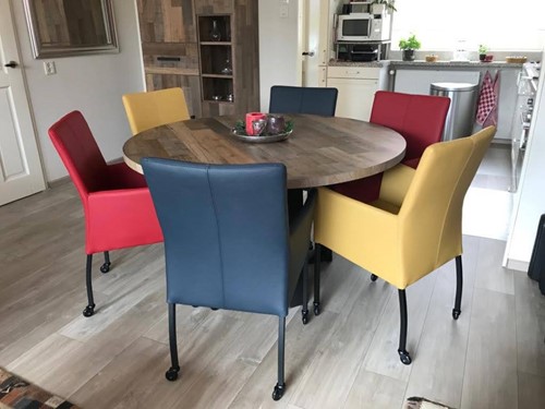 Set van 6 leren eetkamerstoelen met wieltjes en armleuning - diverse kleuren leer