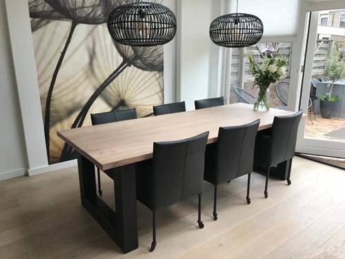 Set van 6 leren kuip eetkamerstoelen - met wieltjes - zwart leer