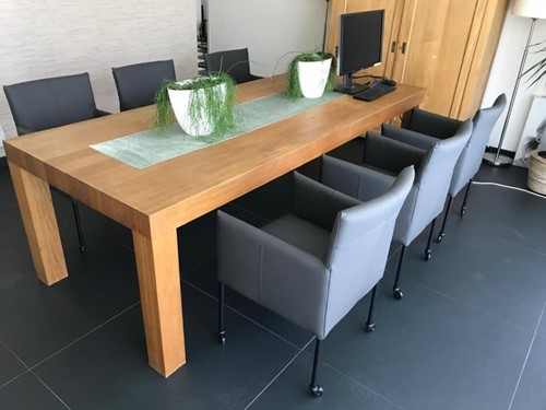 Set van 6 leren kuip eetkamerstoelen - met wieltjes - grijs leer
