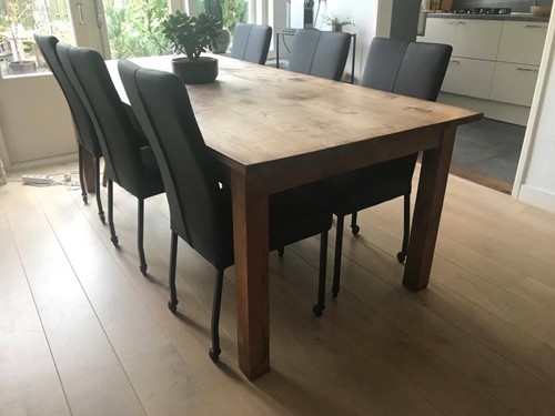 Set van 6 leren eetkamerstoelen met wieltjes en hoge rug - zwart leer