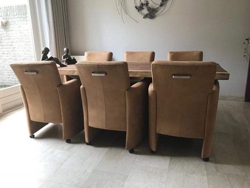 Set van 6 leren eetkamerfauteuils - met armleuning en wieltjes - bruin leer