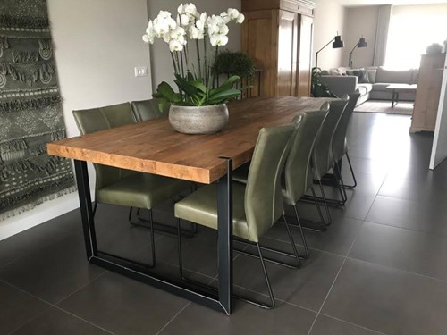 Set van 8 leren eetkamerstoelen - met designpoot - groen leer
