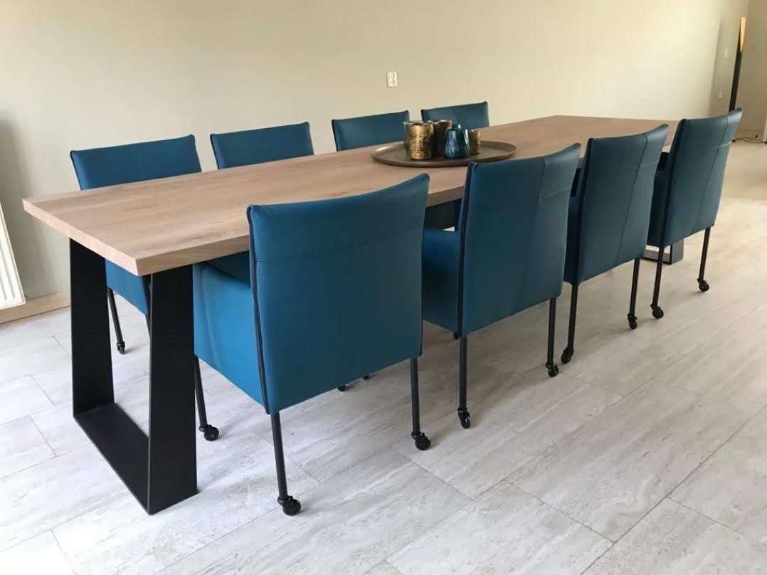 produceren rit bestellen Set van 8 leren kuip eetkamerstoelen - met wieltjes - blauw leer ShopX