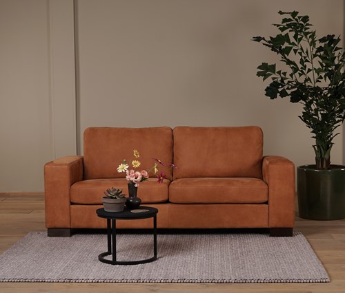 Oranje leren moderne 2.5-zitsbank Enjoy - poot hout bruin - Kenia Leer Rost (oranje leer) - (204x90cm)
