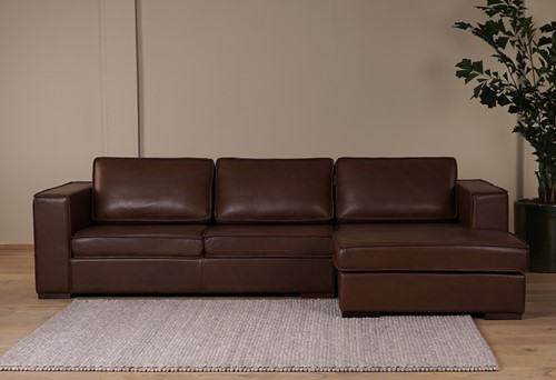 Leren bank Fine Special, 2.5-zitsbank - Longchair rechts (284x100cm) - Elegance Brown (bruin) - Poot hout, Bruin