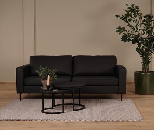 Zwarte leren moderne 3-zitsbank Match - staal zwart - Toledo Leer Nero (zwart leer) - (214x90cm)