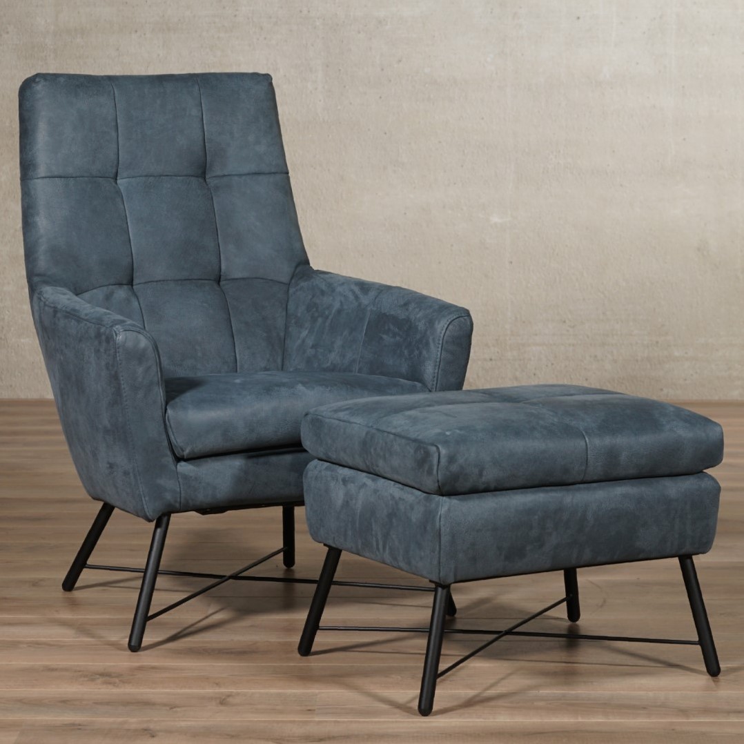 Leren fauteuil volledig - met hoge rug met hocker - blauw leer ShopX