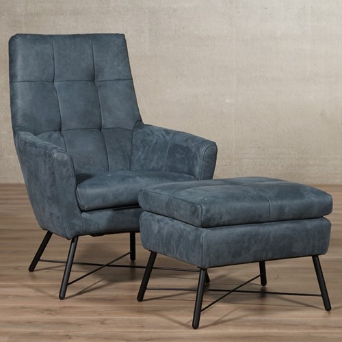 Leren fauteuil volledig gestoffeerd - met hoge rug - met hocker - blauw leer