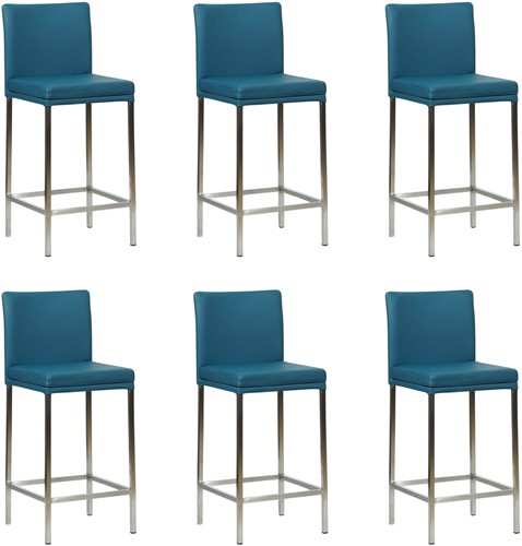 Leren barstoel Break laag - set van 6 stoelen - Hermes Turquoise (blauw) - Kleur poot, RVS