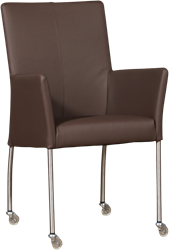 Leren eetkamerstoel Comfort - met wieltjes en armleuning - Toledo Leer Espresso - Poot - Rond - RVS - Skate wiel transparant