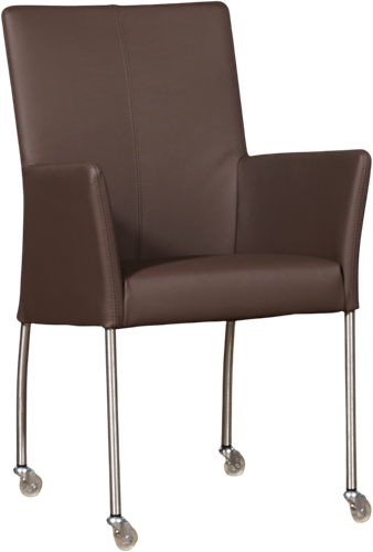 Leren eetkamerstoel Comfort - met wieltjes en armleuning - Toledo Leer Espresso - Poot - Rond - RVS - Skate wiel transparant
