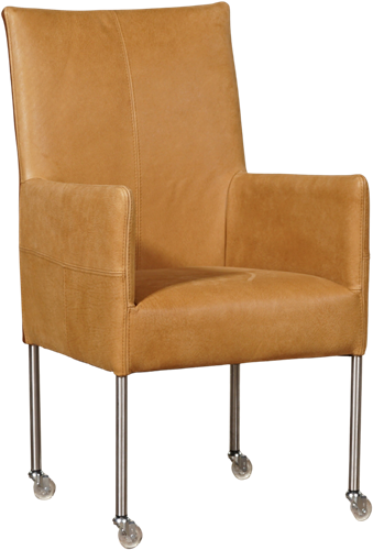 Leren eetkamerstoel Spark - met wieltjes en armleuning - Kenia Leer Cognac - Poot - RVS - Skate wiel transparant