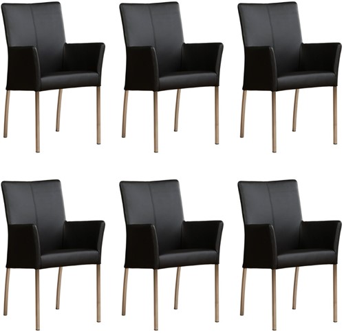 Leren eetkamerstoel Comfort - met armleuning - set van 6 stoelen - Hermes Leer Nero - Vorm poot vierkant - Kleur poot, RVS