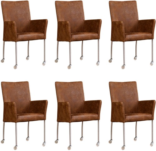 Leren eetkamerstoel Comfort - met wieltjes en armleuning - set van 6 stoelen - Kenia Leer Brown - Vorm poot rond - Kleur poot, RVS - Skate wiel transparant