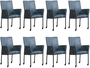 Leren eetkamerstoel comfort met wieltjes en armleuning, blauw leer, blauwe keukenstoelen