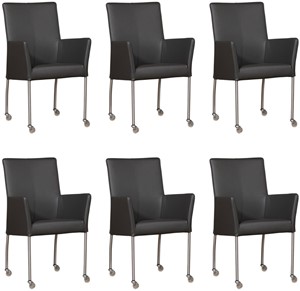 Leren eetkamerstoel comfort met wieltjes en armleuning, oranje leer, grijze keukenstoelen