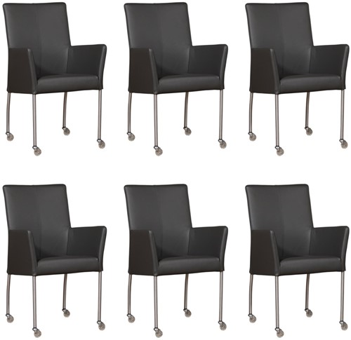 Leren eetkamerstoel Comfort - met wieltjes en armleuning - set van 6 stoelen - Hermes Leer Antracite - Vorm poot rond - Kleur poot, RVS - Skate wiel transparant