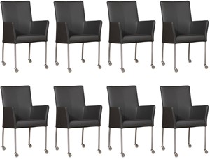 Leren eetkamerstoel comfort met wieltjes en armleuning, oranje leer, grijze keukenstoelen