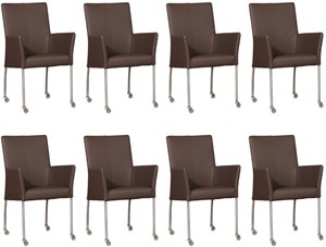 Leren eetkamerstoel comfort met wieltjes en armleuning, bruin leer, bruine keukenstoelen
