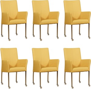 Leren eetkamerstoel comfort met wieltjes en armleuning, geel leer, gele keukenstoelen