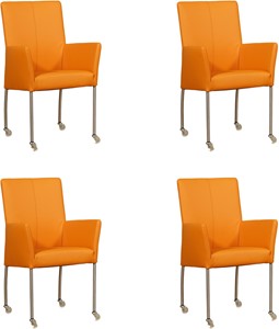 Leren eetkamerstoel comfort met wieltjes en armleuning, oranje leer, oranje keukenstoelen