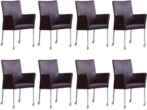 Leren eetkamerstoel comfort met wieltjes en armleuning, paars leer, paarse keukenstoelen