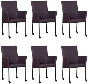 Leren eetkamerstoel comfort met wieltjes en armleuning, paars leer, paarse keukenstoelen
