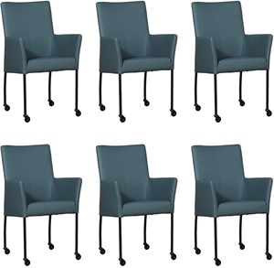 Leren eetkamerstoel comfort met wieltjes en armleuning, blauw leer, blauwe keukenstoelen