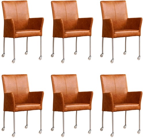 Leren eetkamerstoel Comfort - met wieltjes en armleuning - set van 6 stoelen - Vintage Leer Cognac - Vorm poot rond - Kleur poot, RVS - Skate wiel transparant
