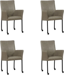 Set van 4 Grijze leren moderne eetkamerstoelen Comfort - poot rond zwart met wiel - Vintage leer Stone (grijs leer)
