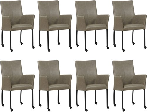 Leren eetkamerstoel Comfort - met wieltjes en armleuning - set van 8 stoelen - Vintage Stone (grijs) - Vorm poot rond - Kleur poot, zwart - Skate wiel zwart