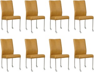 Set van 8 Cognac leren moderne eetkamerstoelen Comfort - poot rond rvs met wiel - Granada leer Amber (cognac leer)