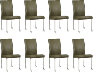 Set van 8 Feloranje leren moderne eetkamerstoelen Comfort - poot rond rvs met wiel - Granada leer Moss (feloranje leer)