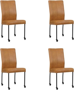 Set van 4 Cognac leren moderne eetkamerstoelen Comfort - poot rond zwart met wiel - Granada leer Sahara (cognac leer)