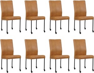 Set van 8 Cognac leren moderne eetkamerstoelen Comfort - poot rond zwart met wiel - Granada leer Sahara (cognac leer)