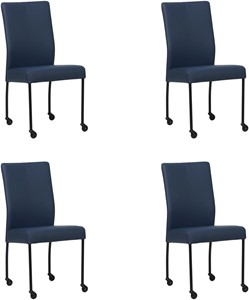 Set van 4 Blauwe leren moderne eetkamerstoelen Comfort - poot rond zwart met wiel - Hermes Leer Kobalt (blauw leer)