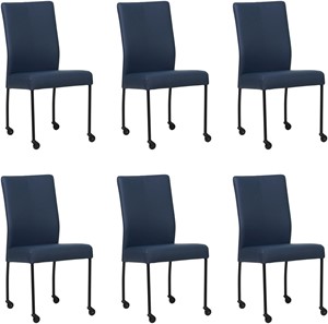 Set van 6 Blauwe leren moderne eetkamerstoelen Comfort - poot rond zwart met wiel - Hermes Leer Kobalt (blauw leer)