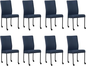 Set van 8 Blauwe leren moderne eetkamerstoelen Comfort - poot rond zwart met wiel - Hermes Leer Kobalt (blauw leer)