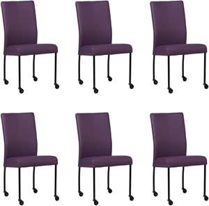 Set van 6 Paarse leren moderne eetkamerstoelen Comfort - poot rond zwart met wiel - Toledo Leer Aubergine (paars leer)