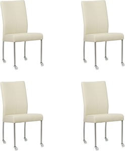 Set van 4 Crème leren moderne eetkamerstoelen Comfort - poot rond rvs met wiel - Toledo Leer Avorio (crème leer)