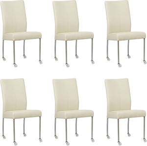 Set van 6 Crème leren moderne eetkamerstoelen Comfort - poot rond rvs met wiel - Toledo Leer Avorio (crème leer)